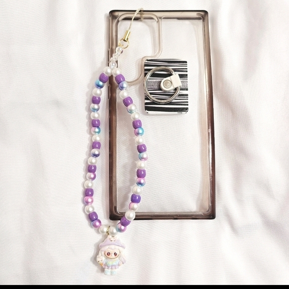 Handmade Accessories - Cute Pastel Purple Girly Dainty Elegant Beaded Labubu Phone Charm or Wrist Strap